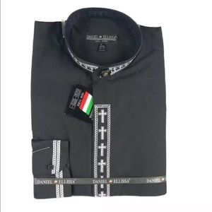 Daniel Ellissa Men's Black Clergy Shirt White Cross Embroidered Convertible Cuff